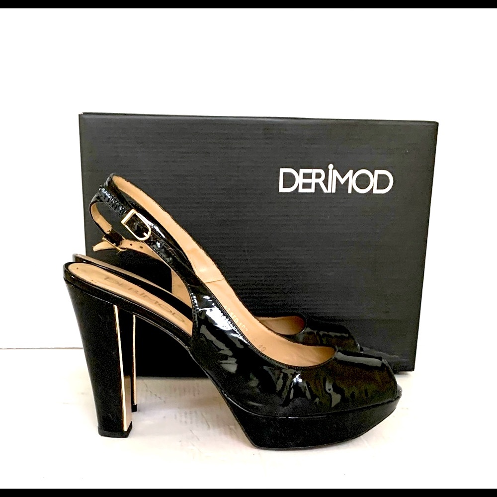 Black patent leather peep toe shoes platform block heels with shiny gold case 10